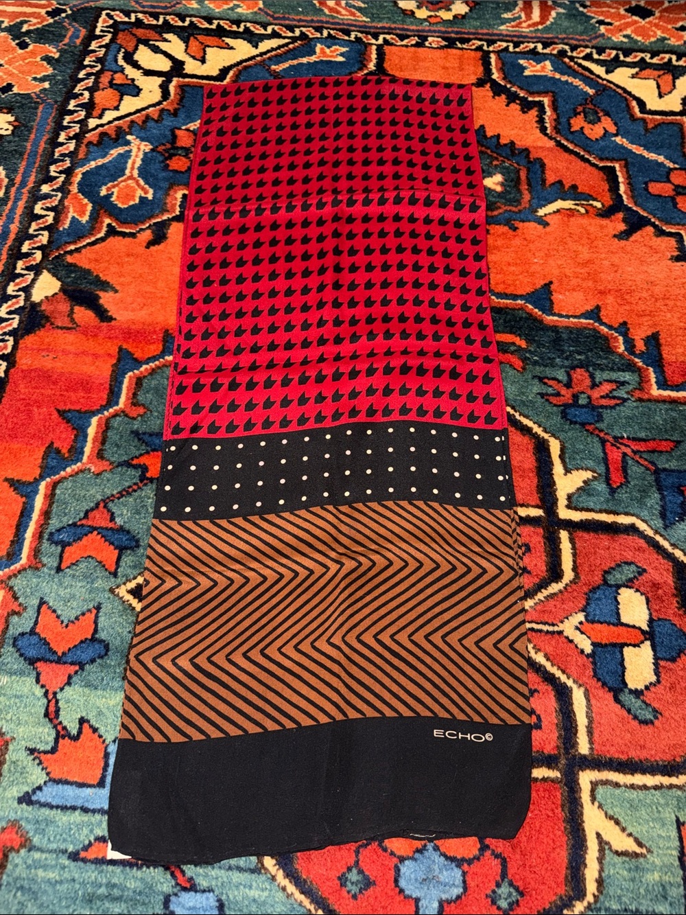 Vintage Silk Scarf ECHO Made In Japan Red Black houndstooth, polka dot, 11x56